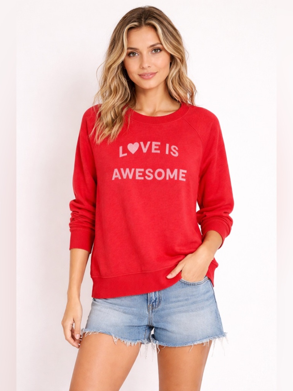 Sundry Love Is Awesome Raglan Red Sweatshirt